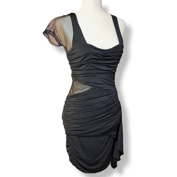 Sexy Black Asymmetrical Bandage-style Mini Dress with Sheer Panels, size 5 - Picture 10 of 15